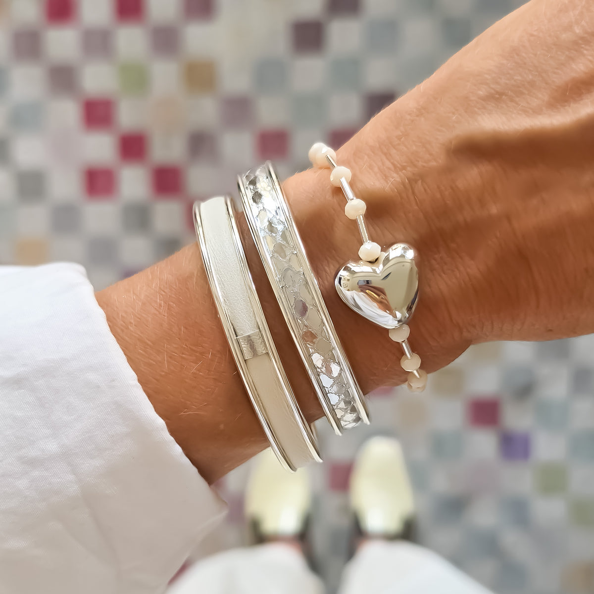 White Polka Dot Heart silver