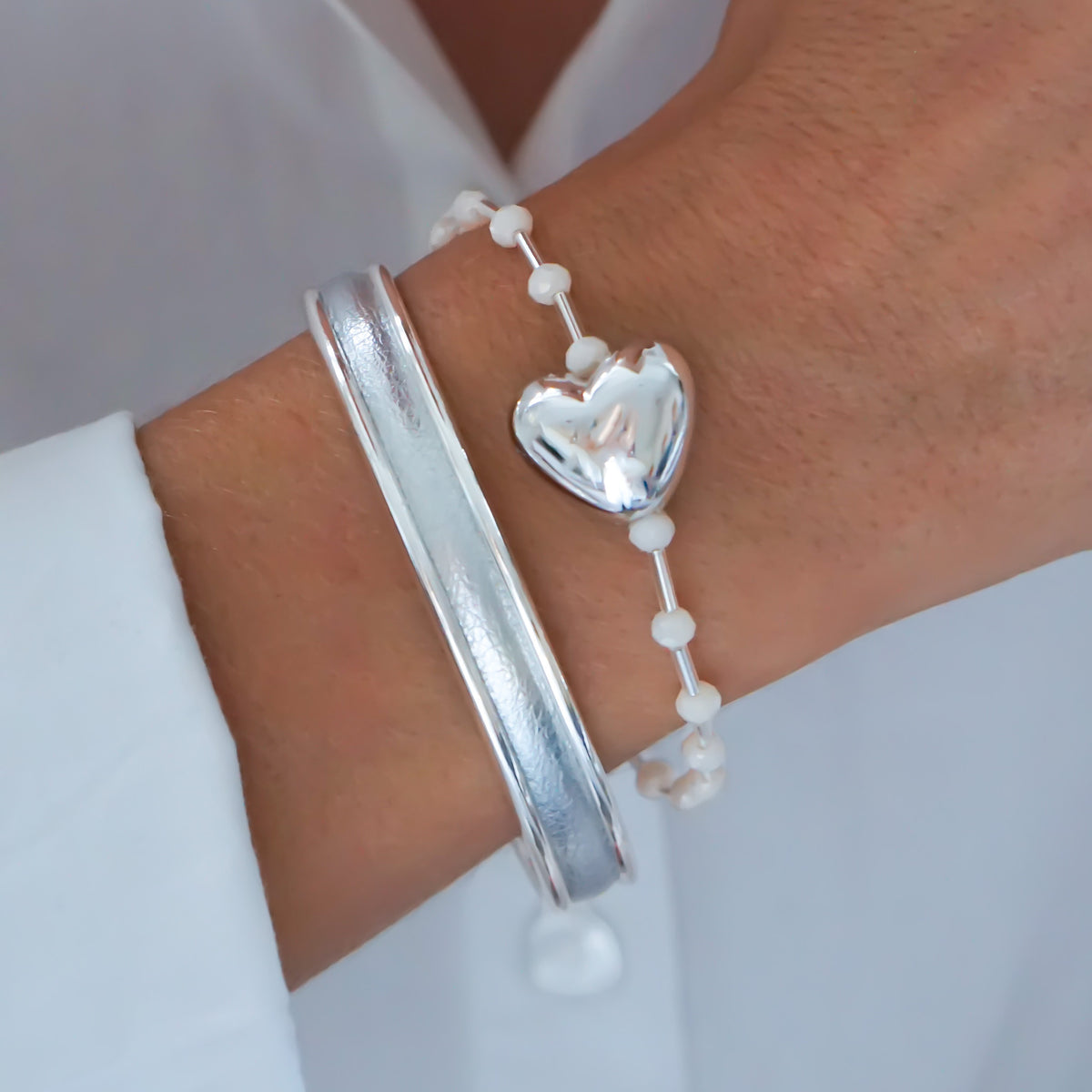 White Polka Dot Heart silver