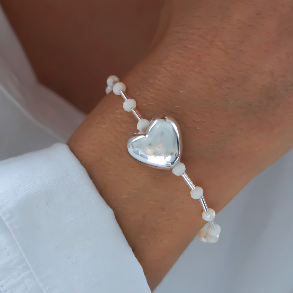 White Polka Dot Heart silver